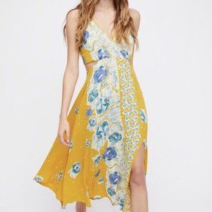 Free People yellow blue floral cutout midi dress